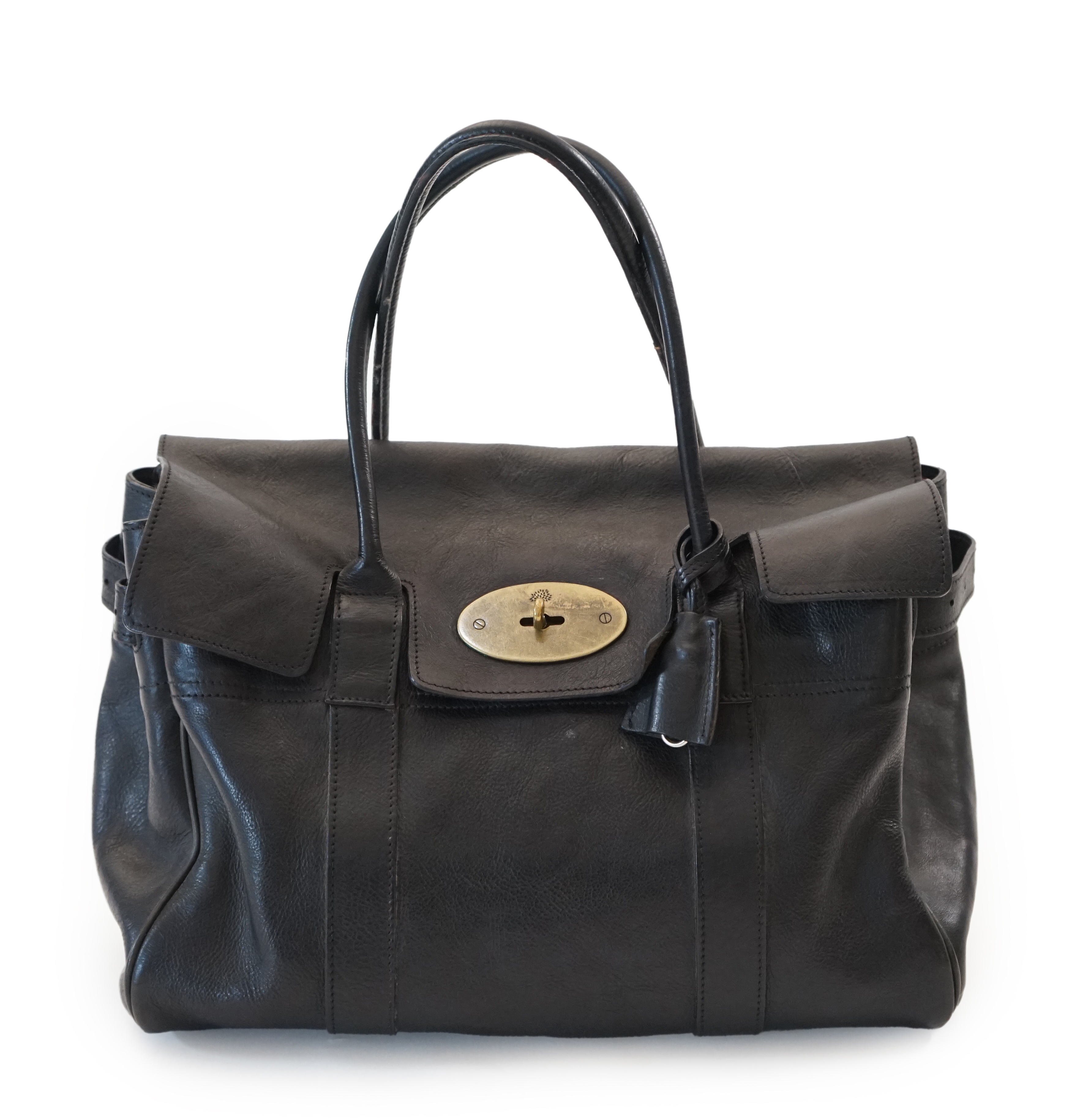 A Mulberry black leather and brass Bayswater handbag, width 36cm, depth 14cm, height 22cm